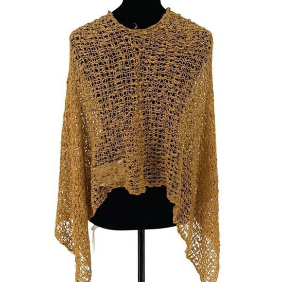 Mercantile Women's Crochet Open Poncho Sweater Cowl Neck Yellow One Size NWT - Picture 3 of 5